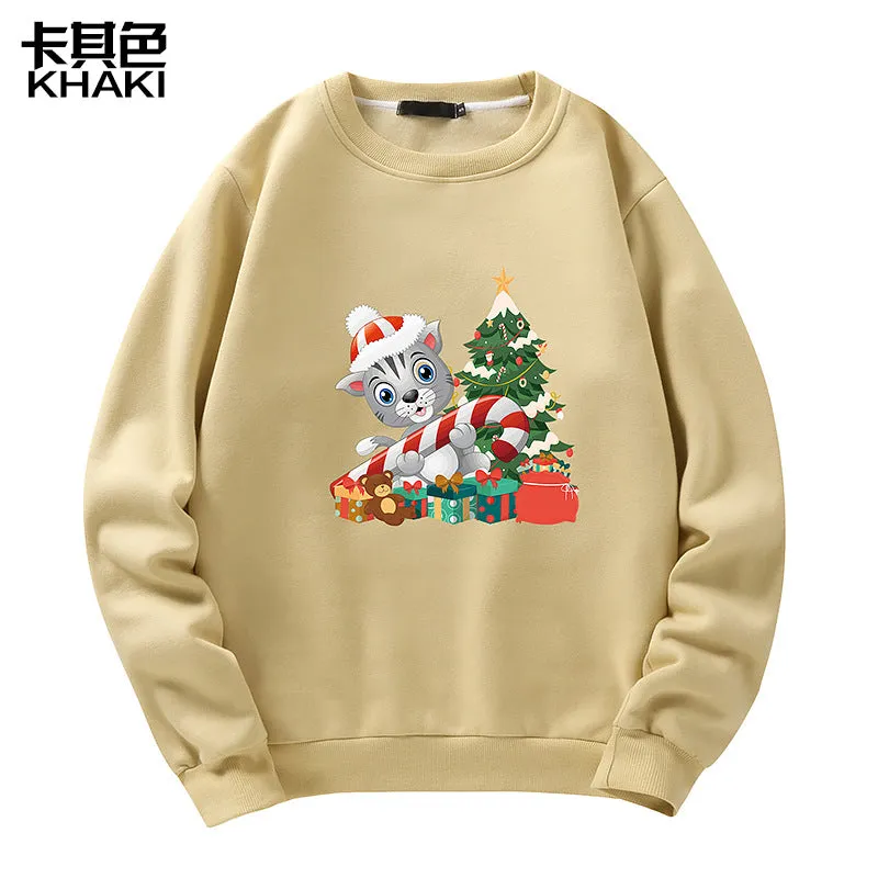 Men's Christmas Cat Print Crew Neck Sweatshirt