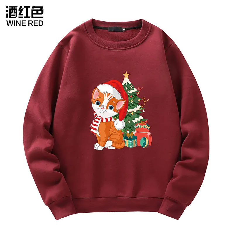 Men's Christmas Cat Print Crew Neck Sweatshirt