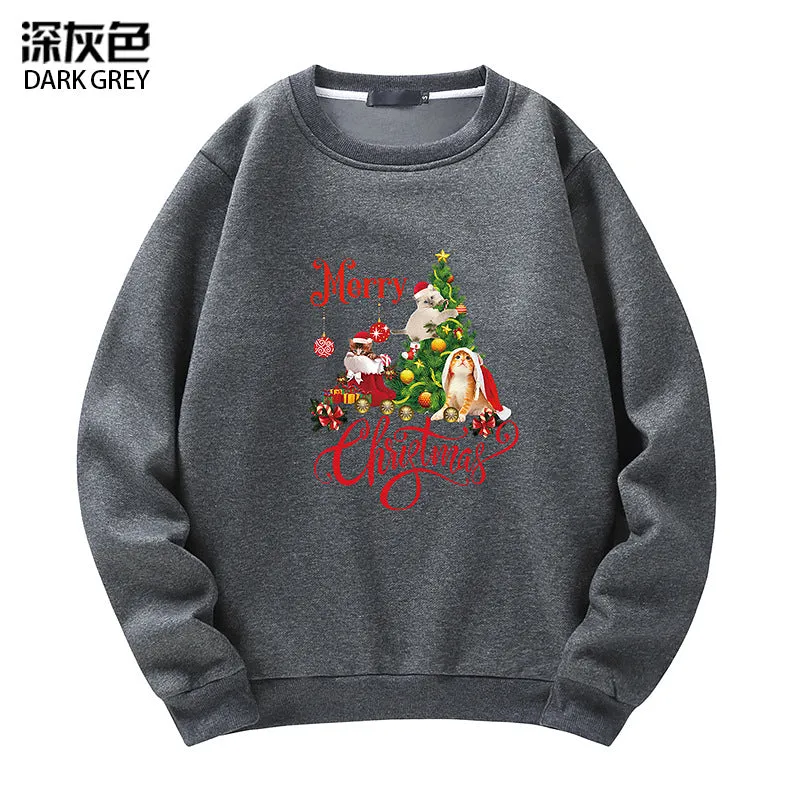 Men's Christmas Cat Print Crew Neck Sweatshirt