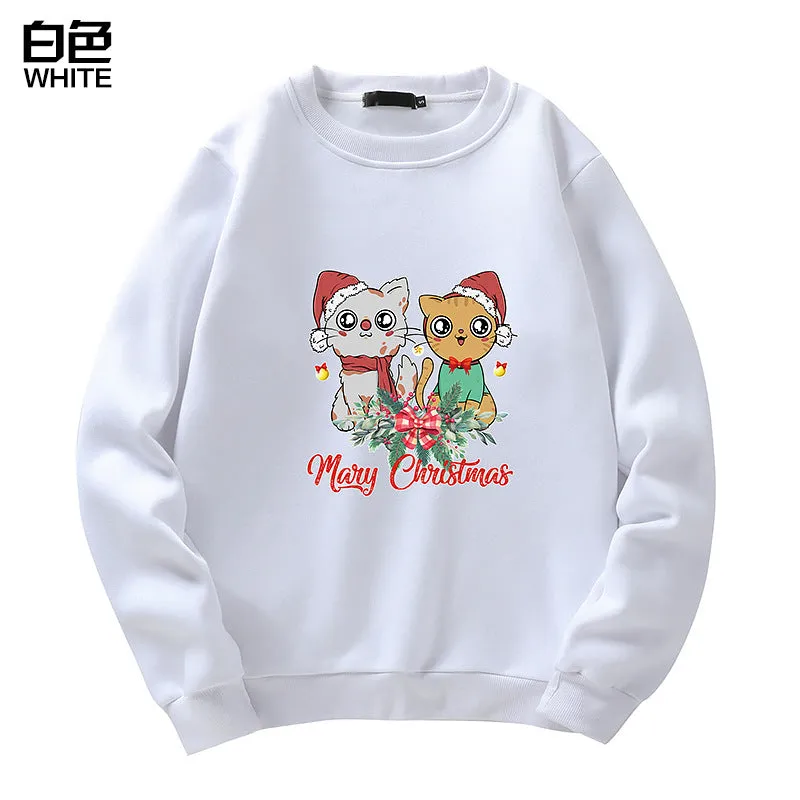 Men's Christmas Cat Print Crew Neck Sweatshirt