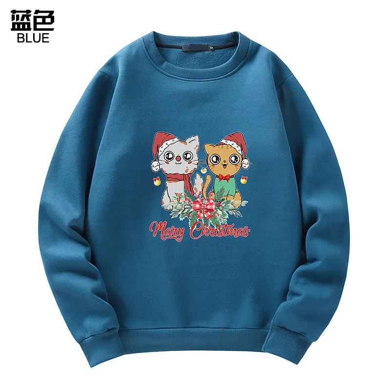 Men's Christmas Cat Print Crew Neck Sweatshirt