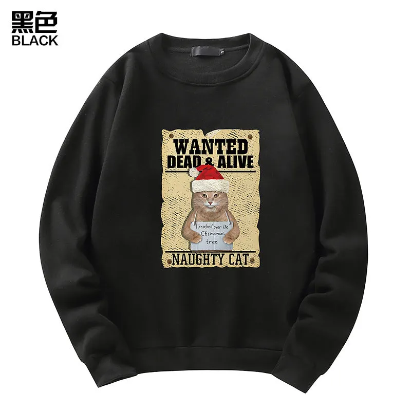 Men's Christmas Cat Print Crew Neck Sweatshirt