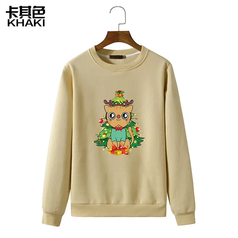 Men's Christmas Cat Print Round Neck Long Sleeve Sweatshirt