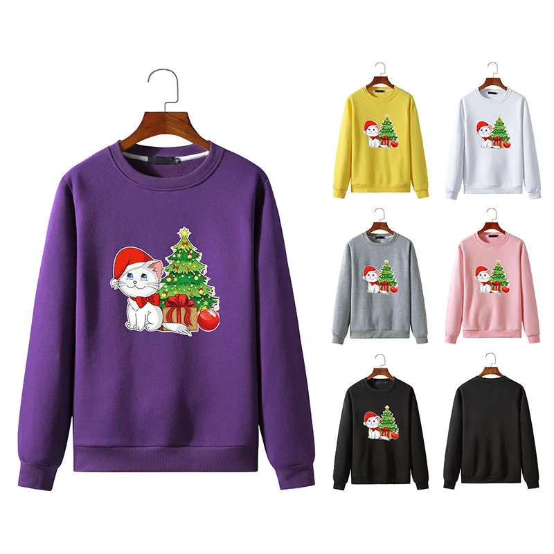 Men's Christmas Cat Print Round Neck Long Sleeve Sweatshirt