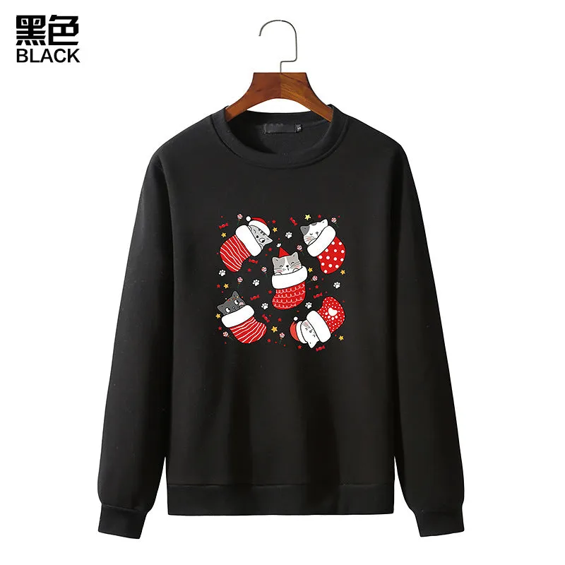 Men's Christmas Cat Print Round Neck Long Sleeve Sweatshirt