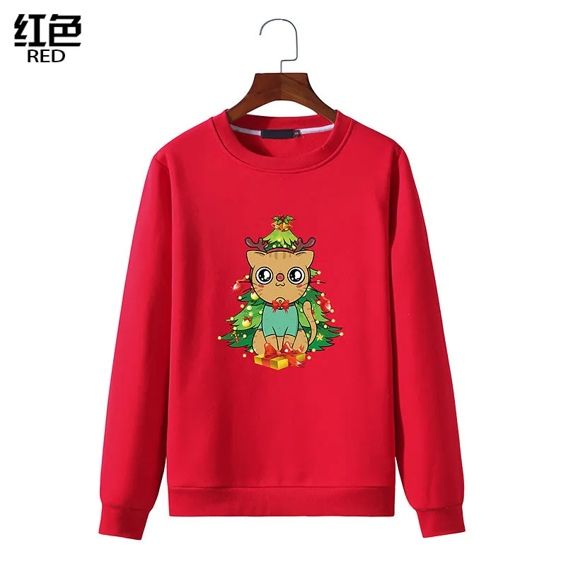 Men's Christmas Cat Print Round Neck Long Sleeve Sweatshirt