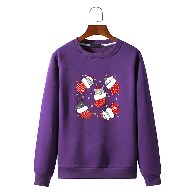 Men's Christmas Cat Print Round Neck Long Sleeve Sweatshirt