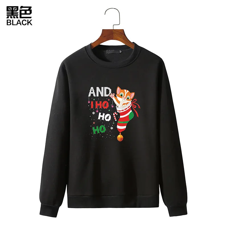 Men's Christmas Cat Print Round Neck Long Sleeve Sweatshirt