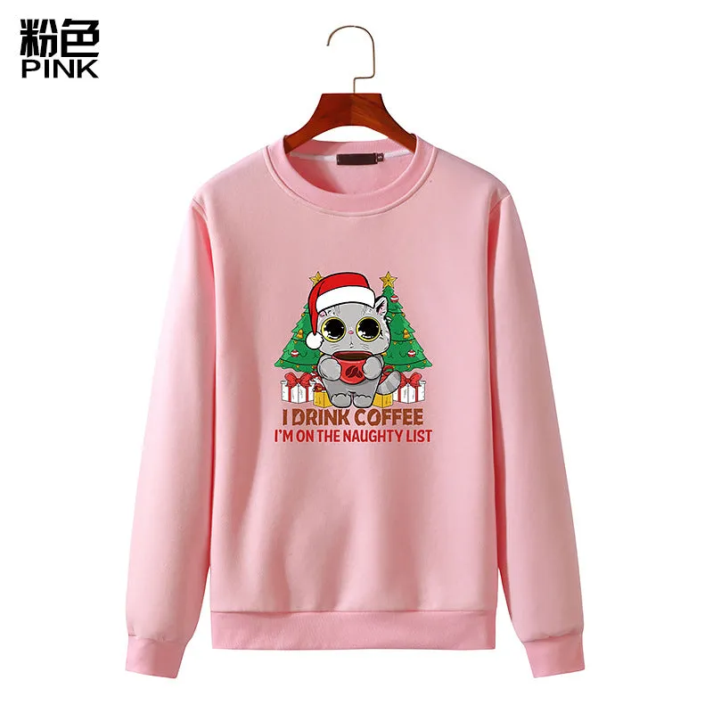 Men's Christmas Cat Print Round Neck Long Sleeve Sweatshirt