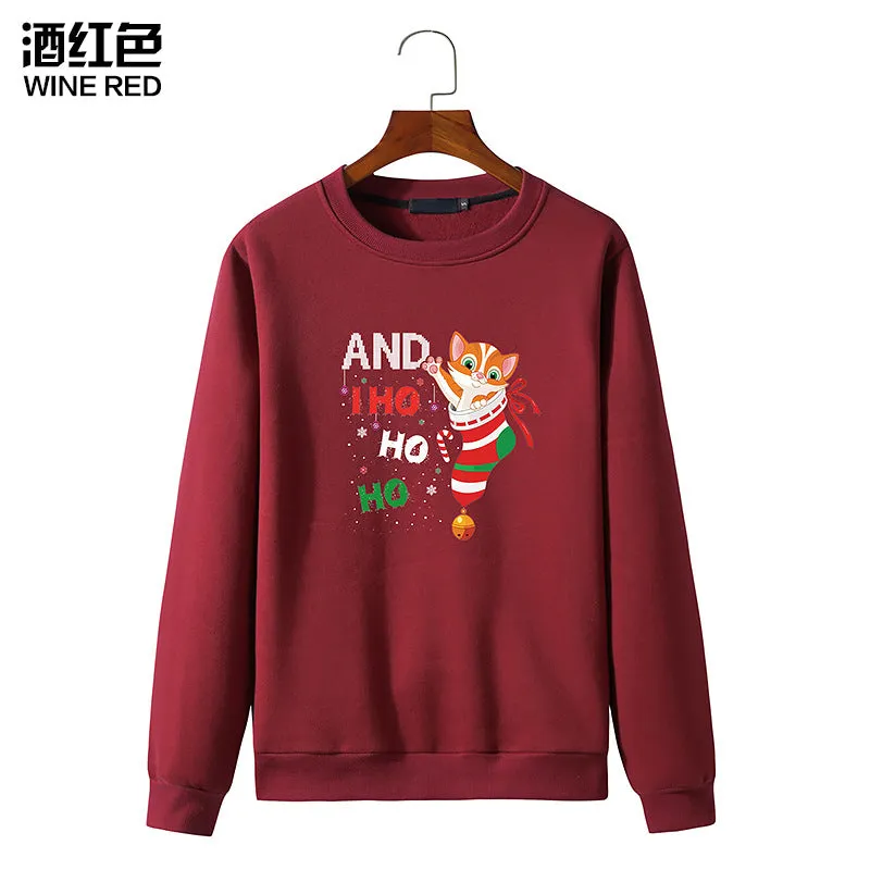 Men's Christmas Cat Print Round Neck Long Sleeve Sweatshirt