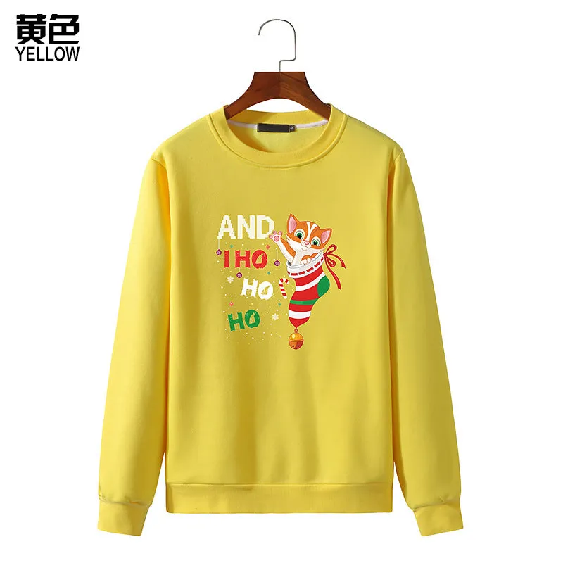 Men's Christmas Cat Print Round Neck Long Sleeve Sweatshirt