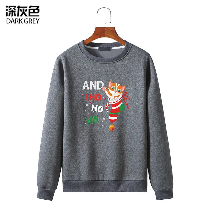 Men's Christmas Cat Print Round Neck Long Sleeve Sweatshirt