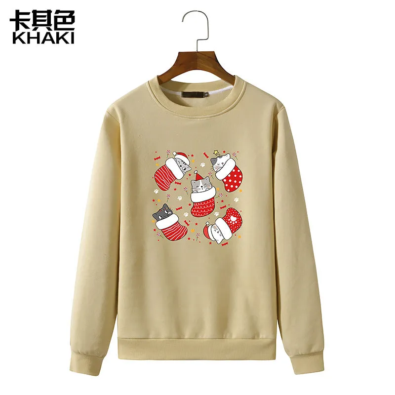 Men's Christmas Cat Print Round Neck Long Sleeve Sweatshirt