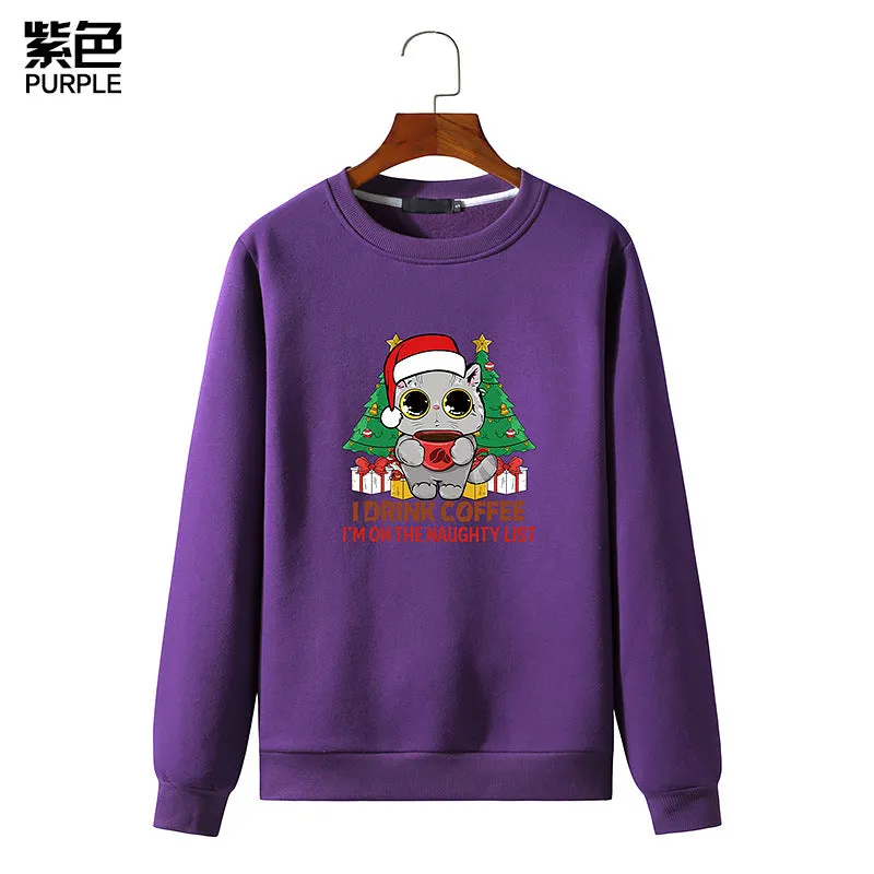 Men's Christmas Cat Print Round Neck Long Sleeve Sweatshirt