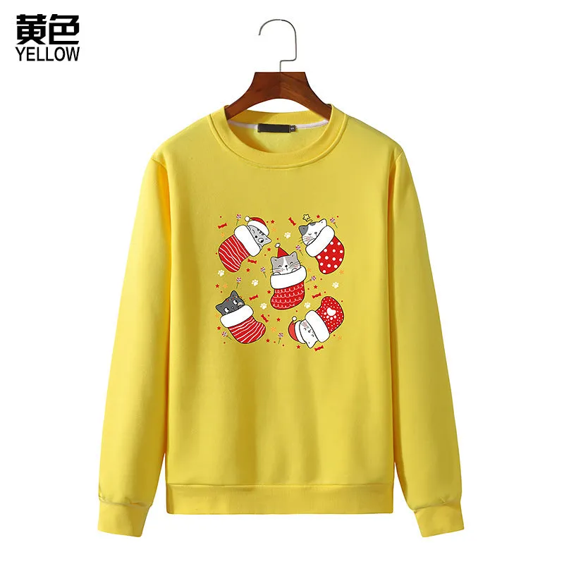 Men's Christmas Cat Print Round Neck Long Sleeve Sweatshirt