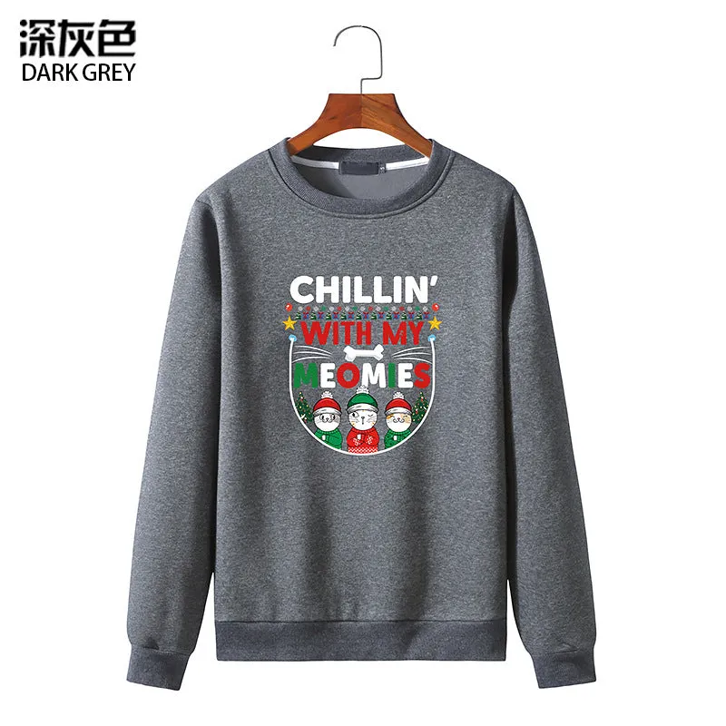 Men's Christmas Cat Print Round Neck Long Sleeve Sweatshirt