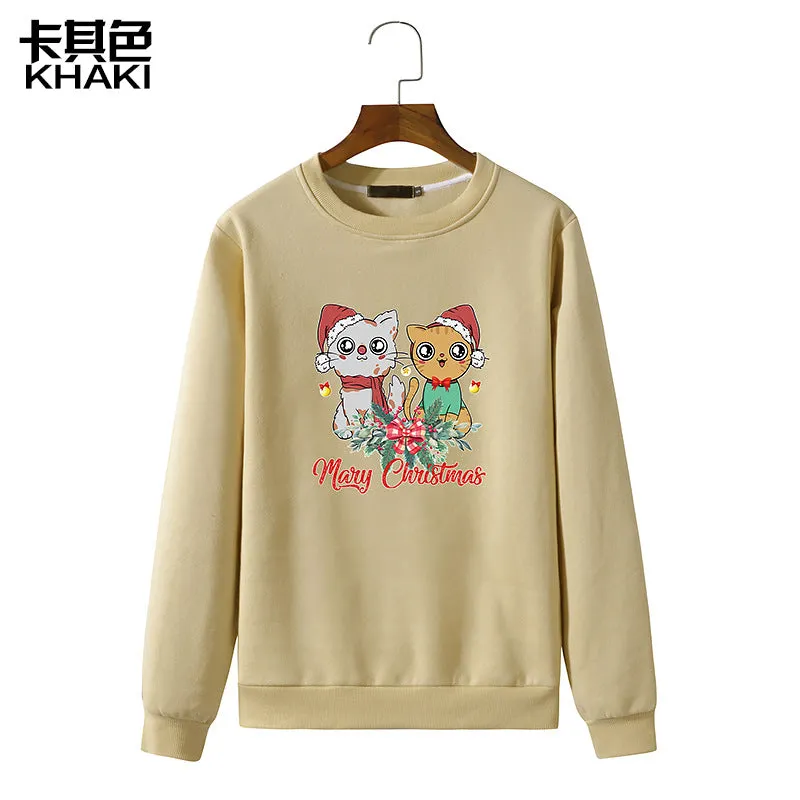 Men's Christmas Cat Print Round Neck Long Sleeve Sweatshirt