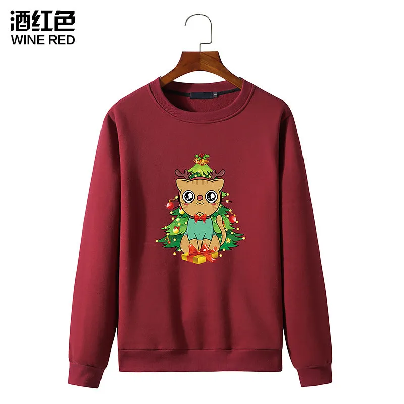 Men's Christmas Cat Print Round Neck Long Sleeve Sweatshirt