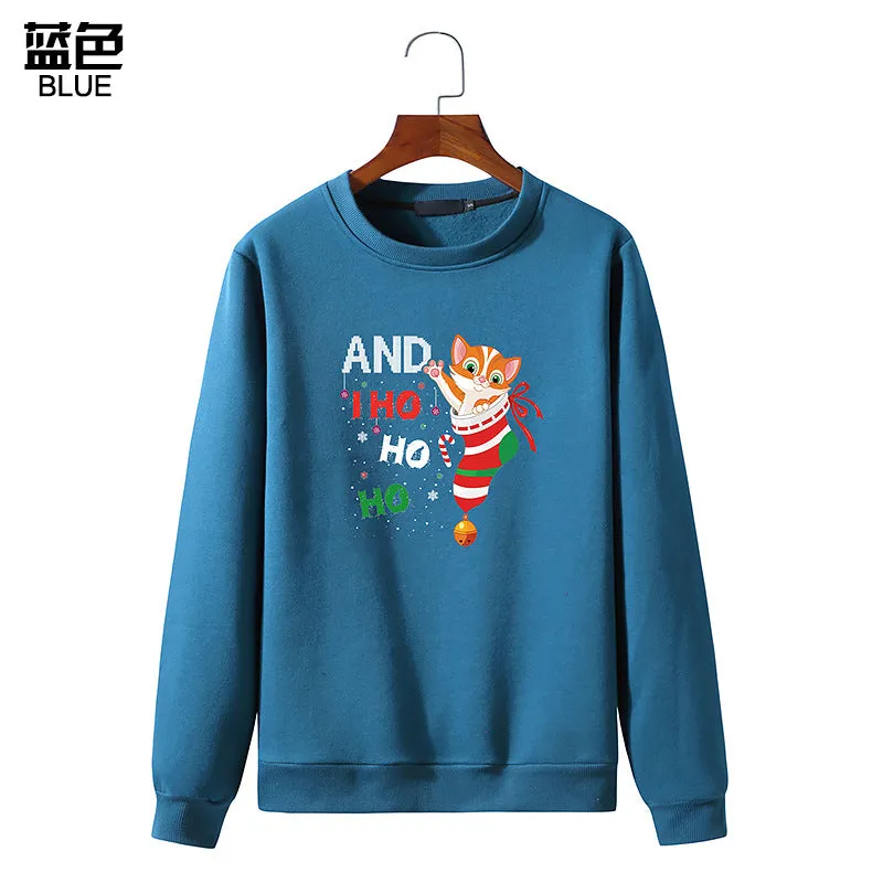 Men's Christmas Cat Print Round Neck Long Sleeve Sweatshirt