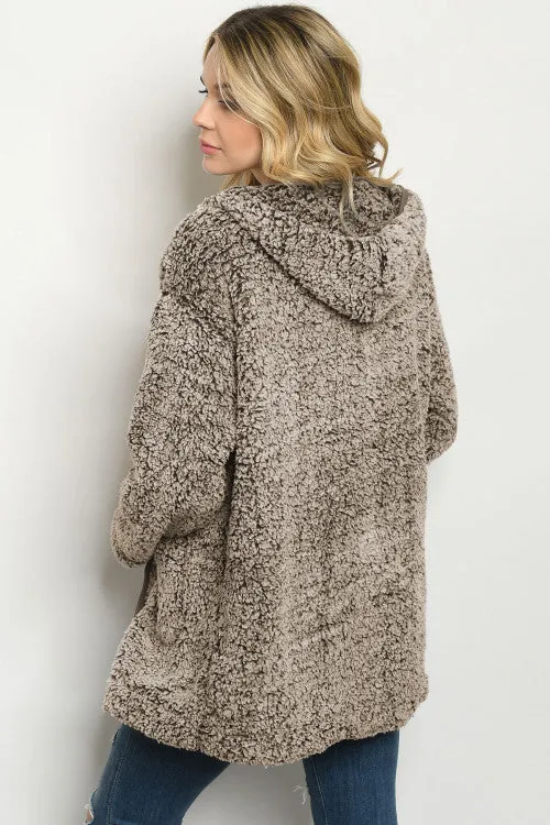 Mocha Brown Faux Fur Hooded Cardigan Jacket