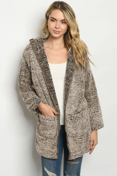 Mocha Brown Faux Fur Hooded Cardigan Jacket