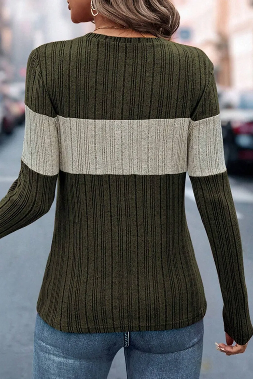 Moss Green Colorblock Ribbed Long Sleeve Top