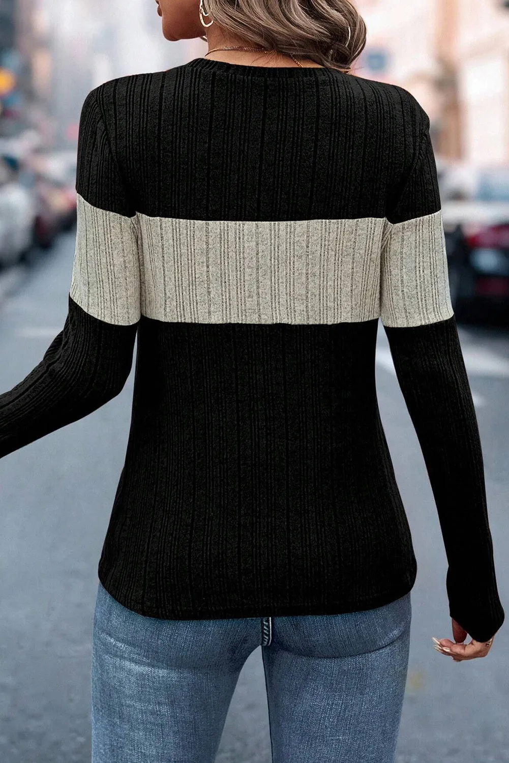 Moss Green Colorblock Ribbed Long Sleeve Top