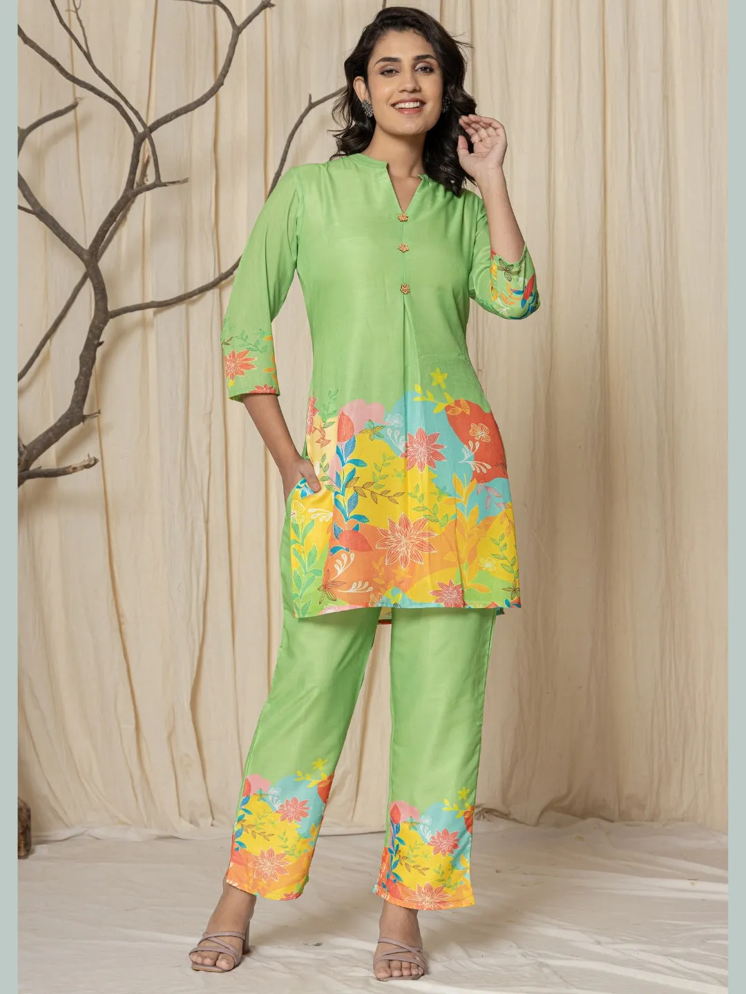 Muslin Digital Print Co-ord Set - Green