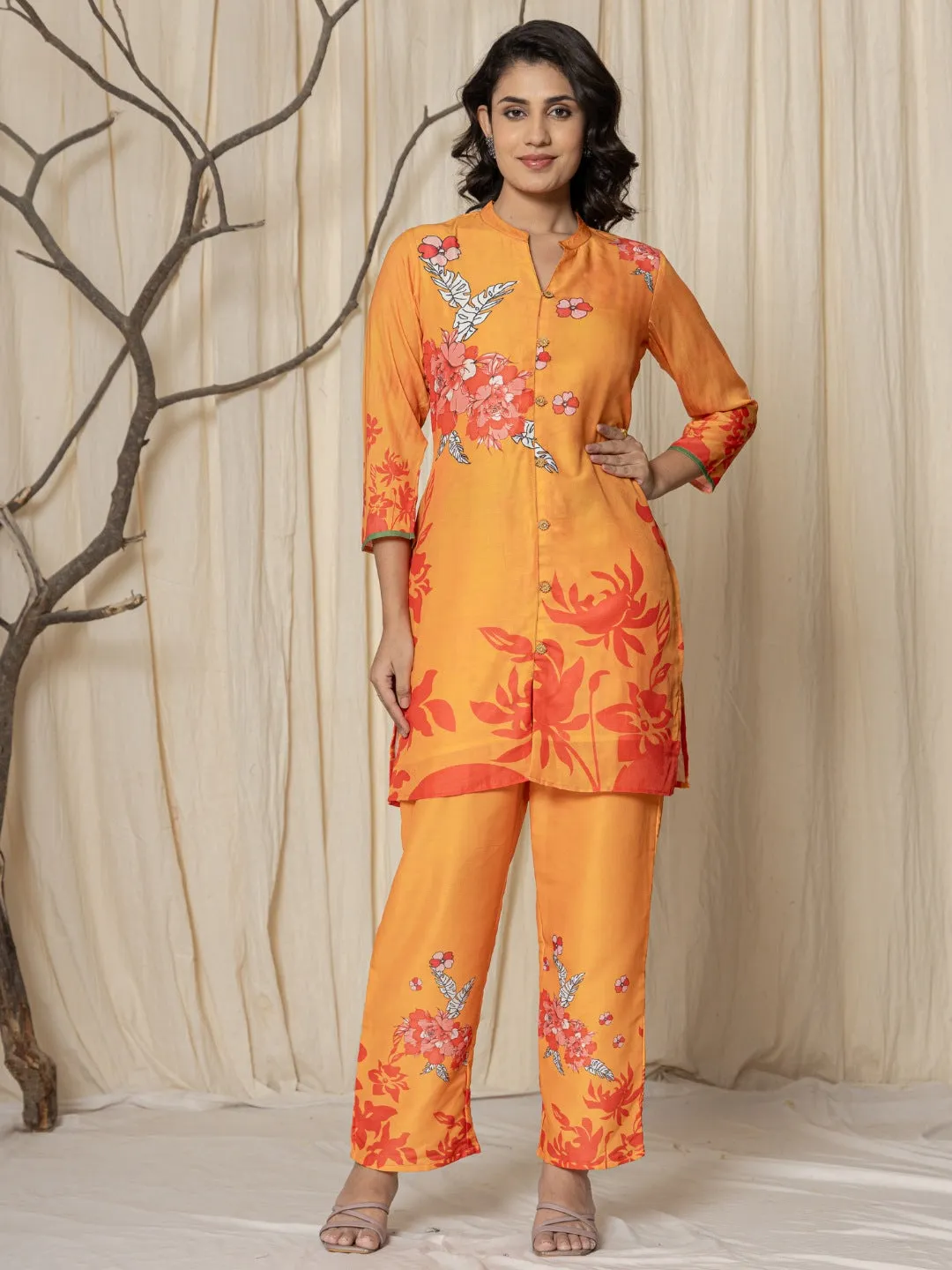 Muslin Digital Print Co-ord Set - Orange