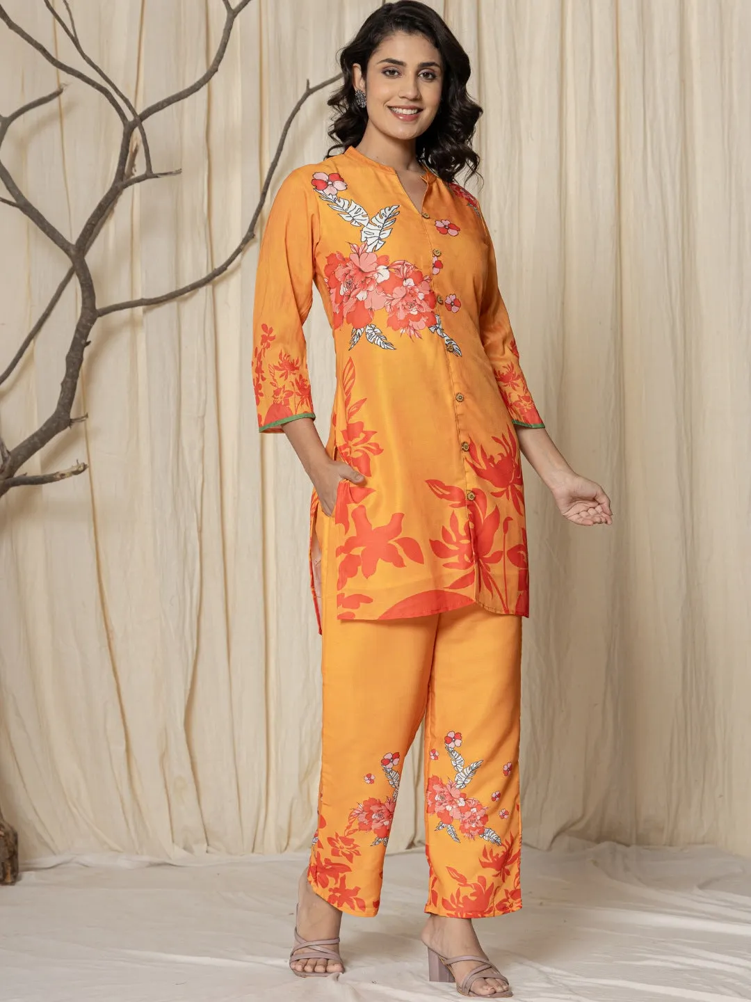 Muslin Digital Print Co-ord Set - Orange