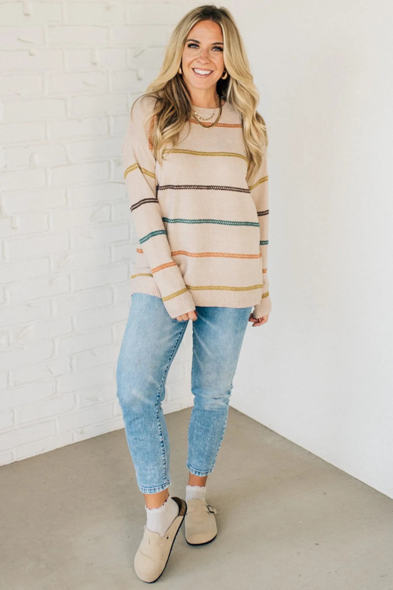 Muted Rainbow Stitch Stripe Sweater