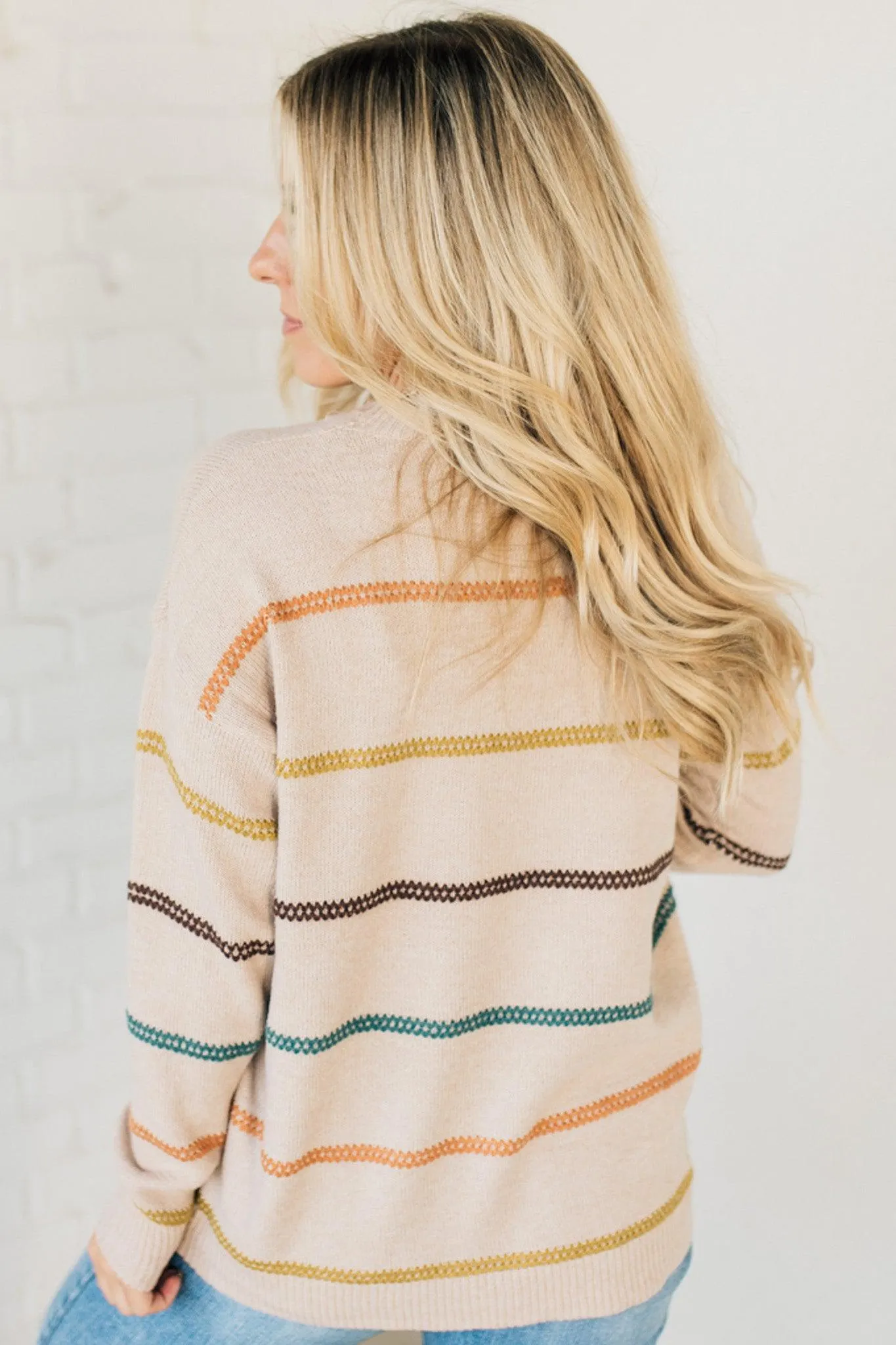 Muted Rainbow Stitch Stripe Sweater