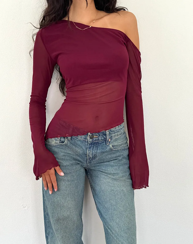 Narcissa Asymmetric Long Sleeve Top in Maroon