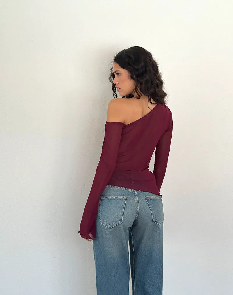 Narcissa Asymmetric Long Sleeve Top in Maroon