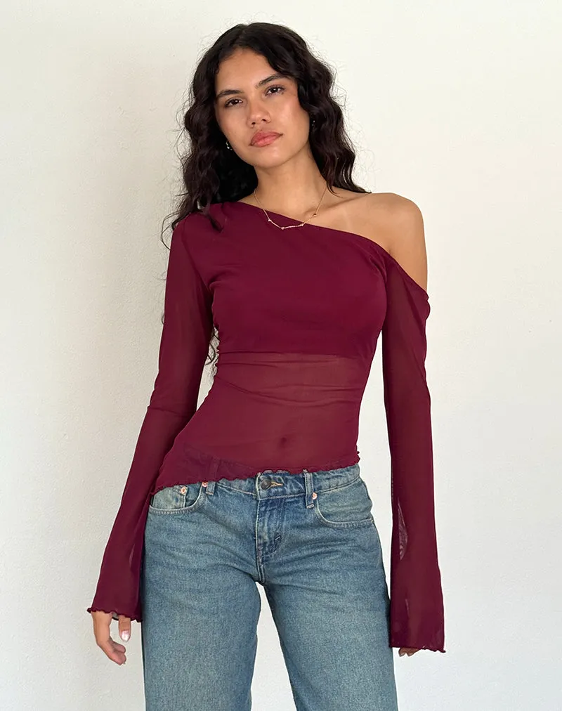 Narcissa Asymmetric Long Sleeve Top in Maroon