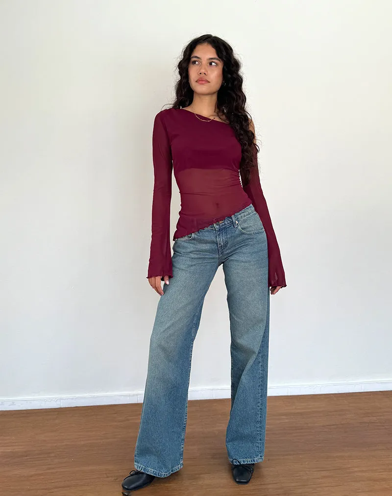 Narcissa Asymmetric Long Sleeve Top in Maroon