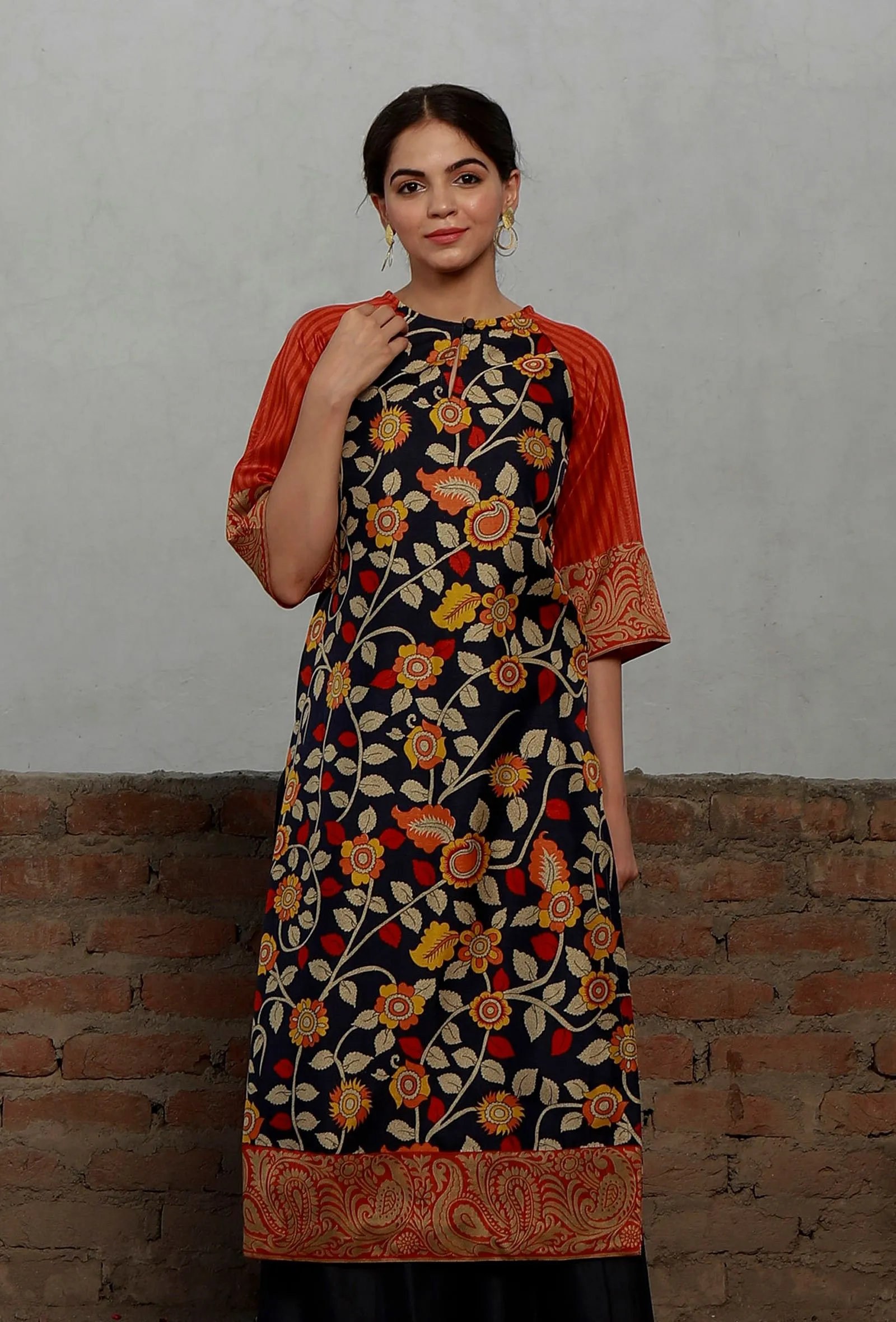 Navy-Orange Kalamkari Printed Cotton Silk Straight Kurta