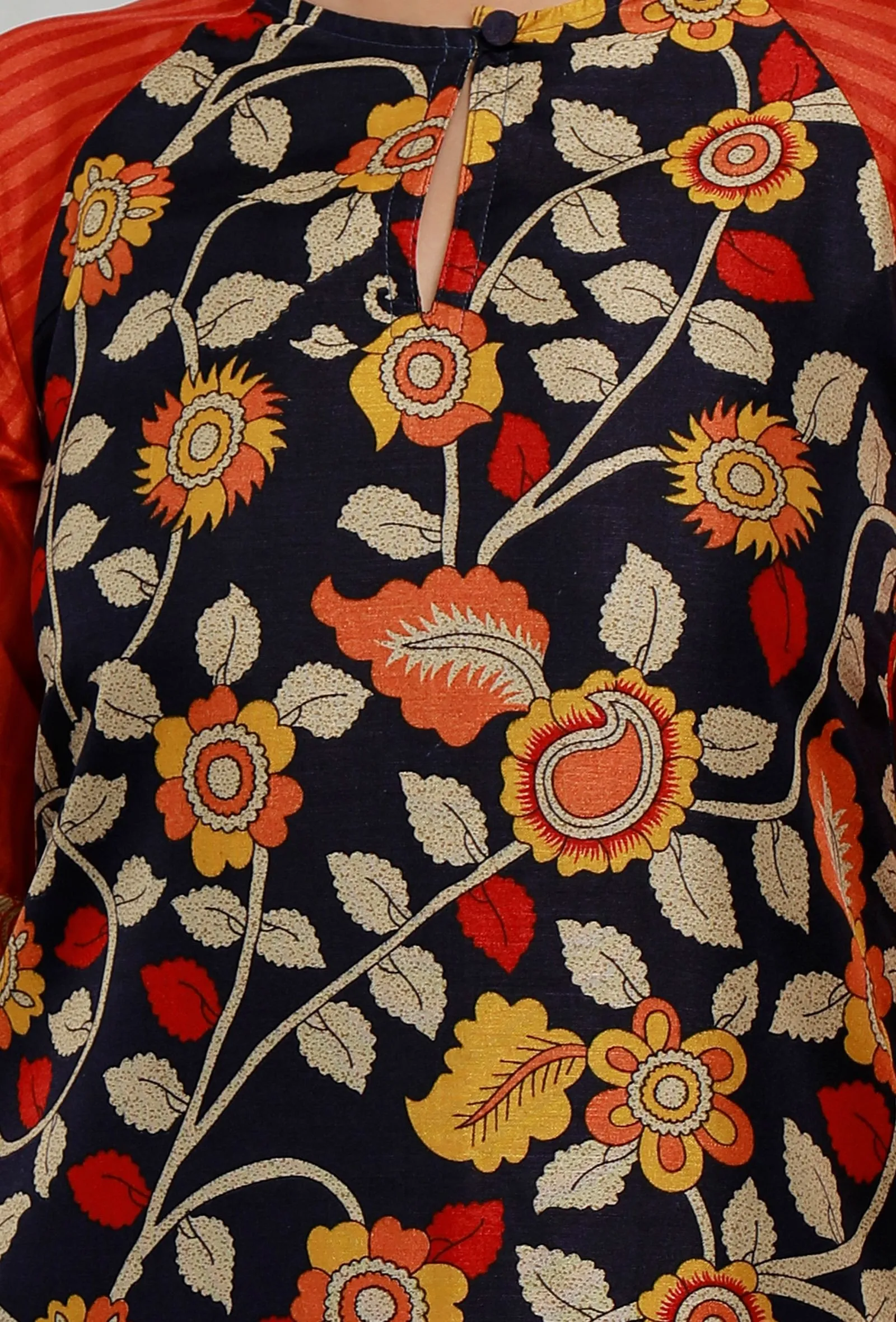 Navy-Orange Kalamkari Printed Cotton Silk Straight Kurta