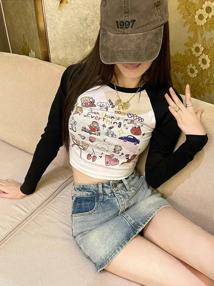 New Fashion Print Long Sleeves White Elegant Crop Autumn Top