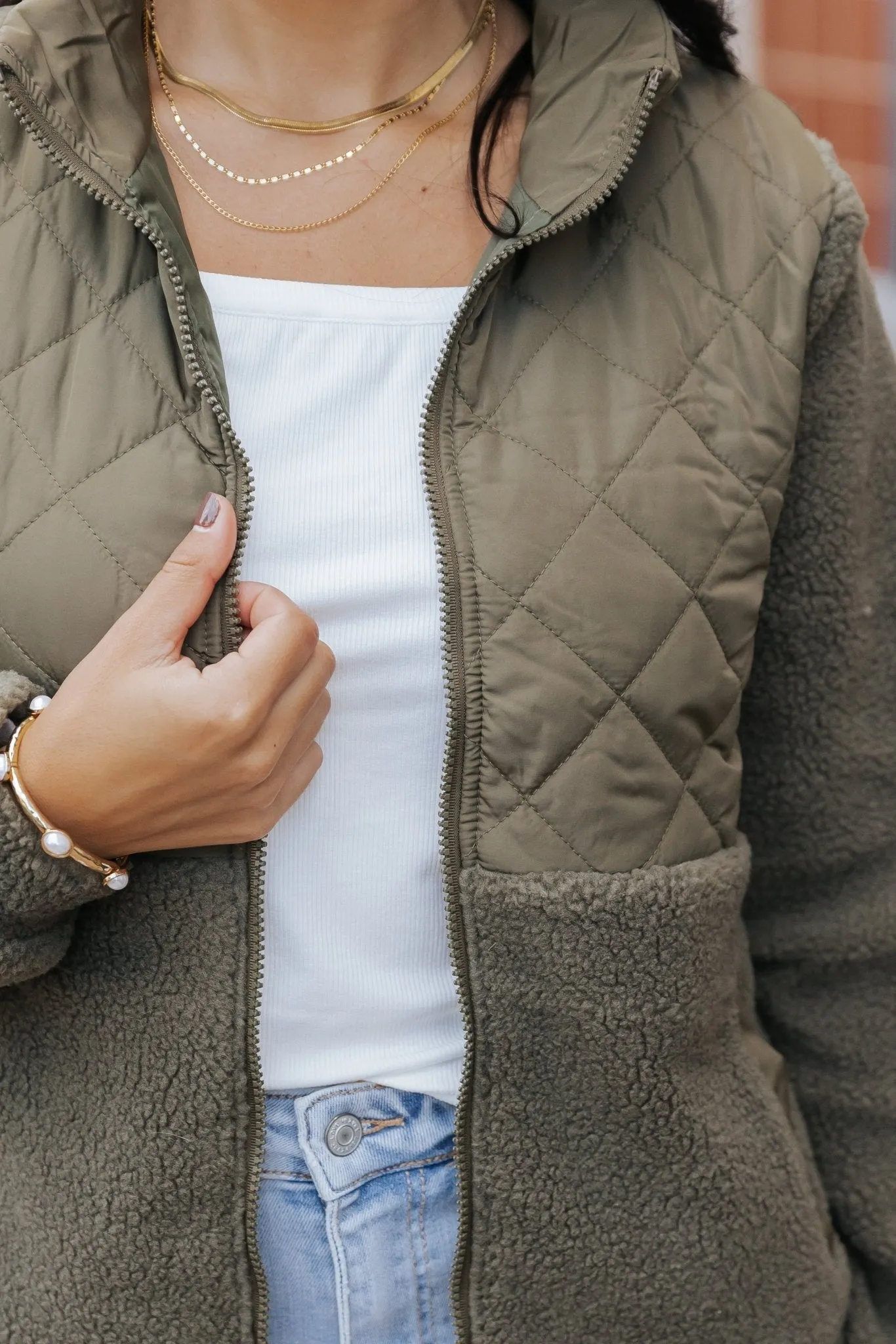 Olive Quilted Zip Up Fleece Jacket - FINAL SALE