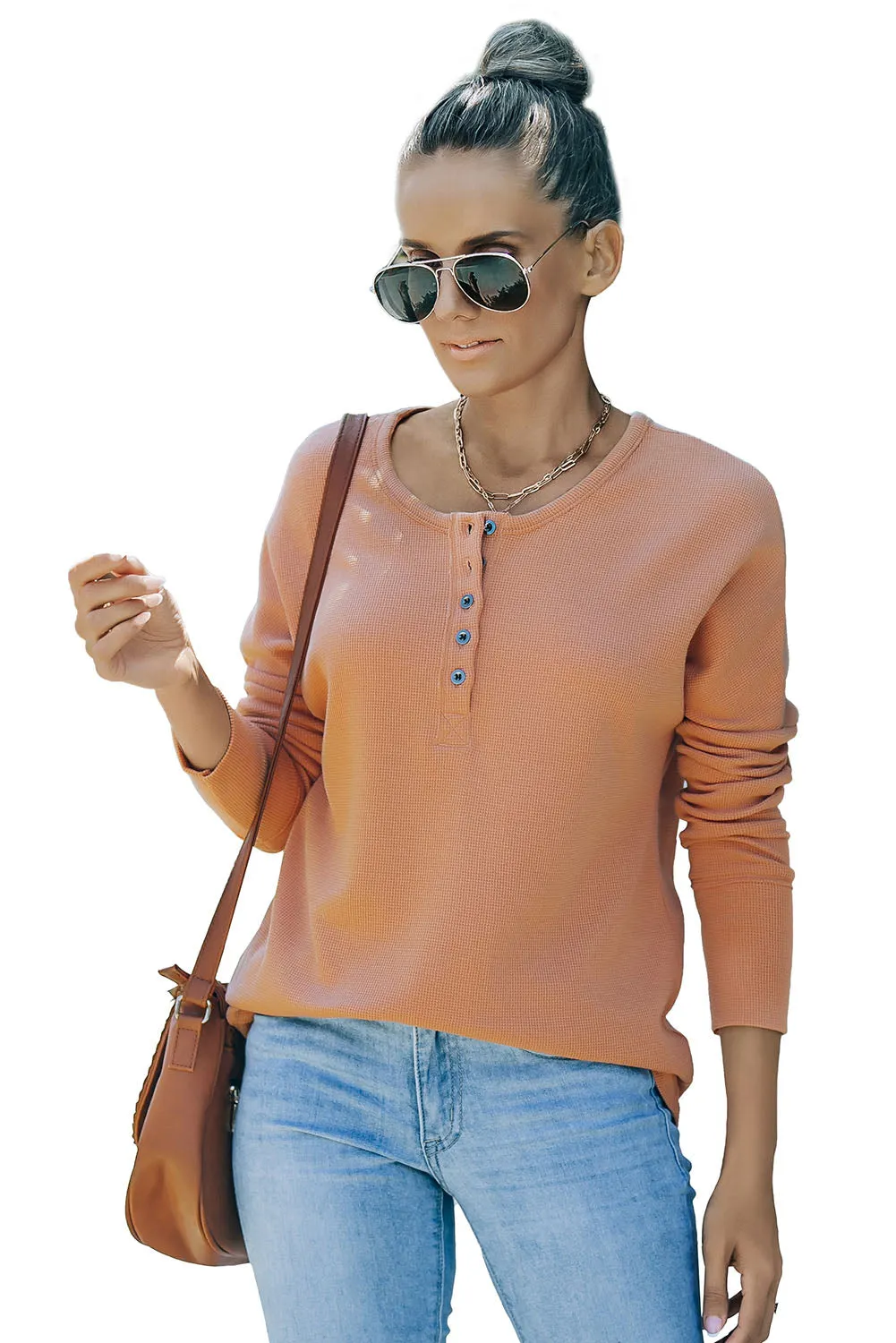 Orange Casual Waffle Button Front Knit Henley Top