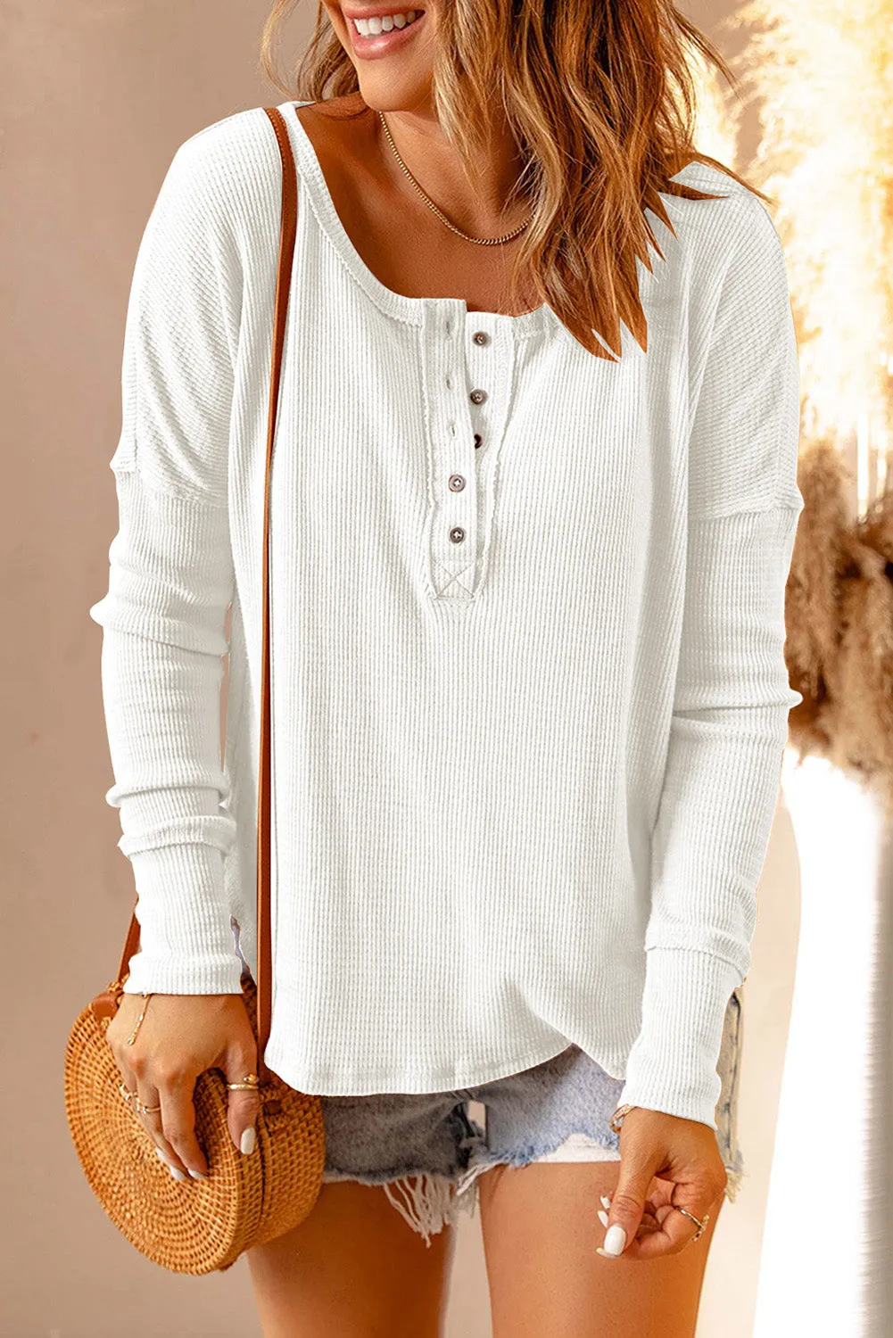 Orange Casual Waffle Button Front Knit Henley Top