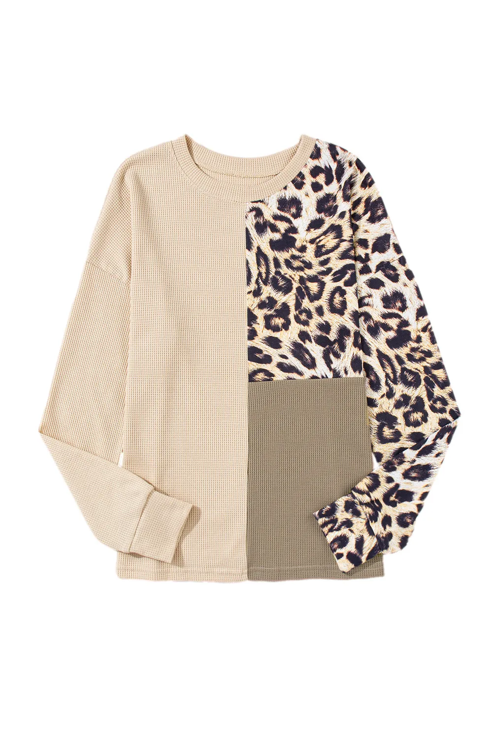 Pale Khaki Casual Waffle Knit Leopard Contrast Long Sleeve Top