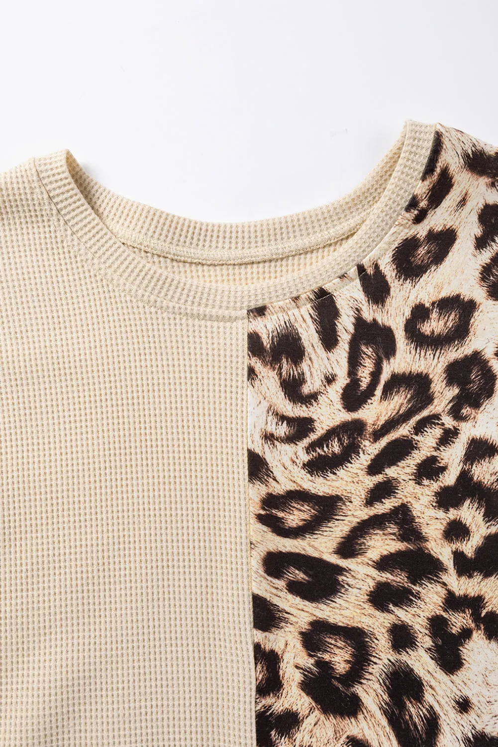 Pale Khaki Casual Waffle Knit Leopard Contrast Long Sleeve Top