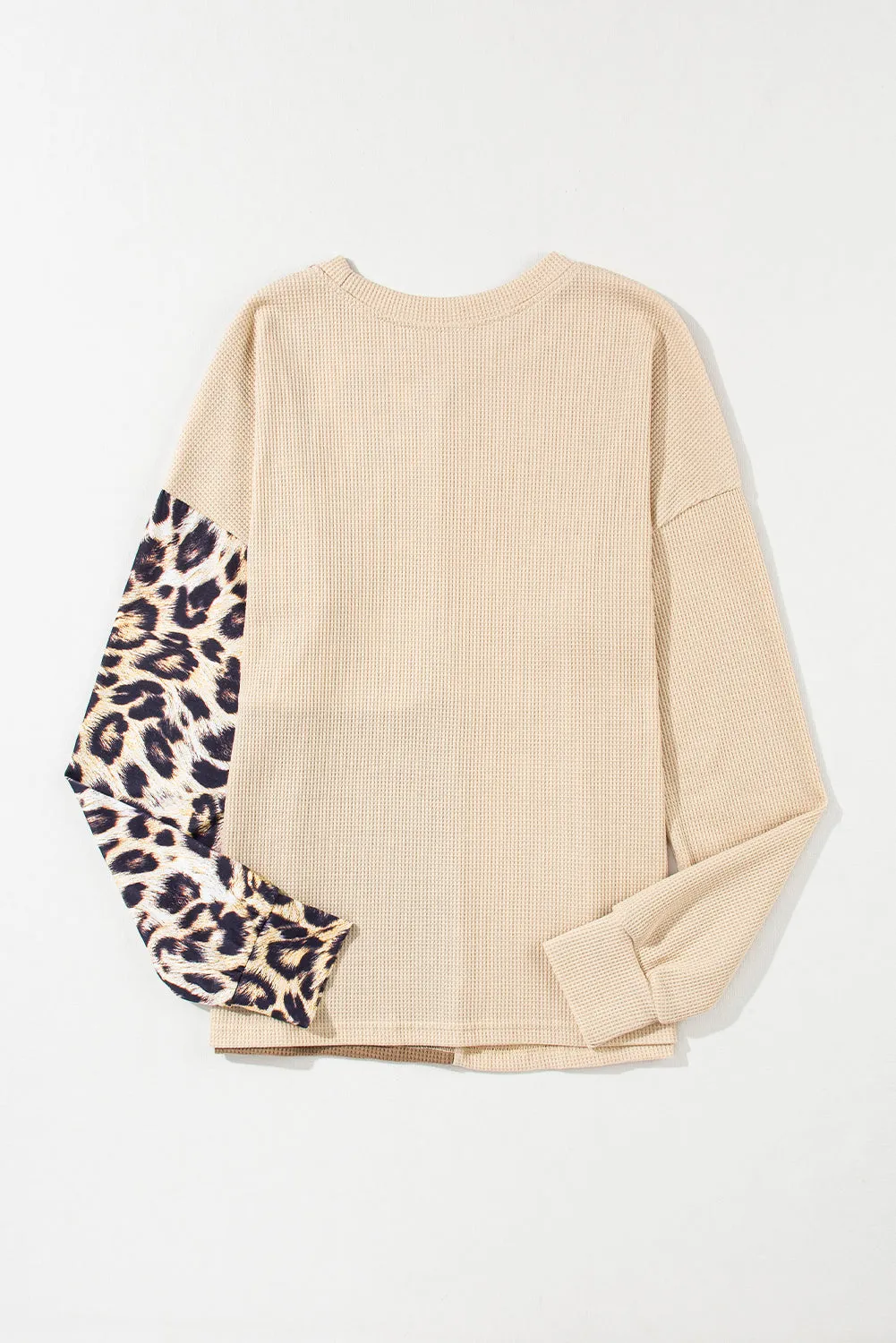 Pale Khaki Casual Waffle Knit Leopard Contrast Long Sleeve Top