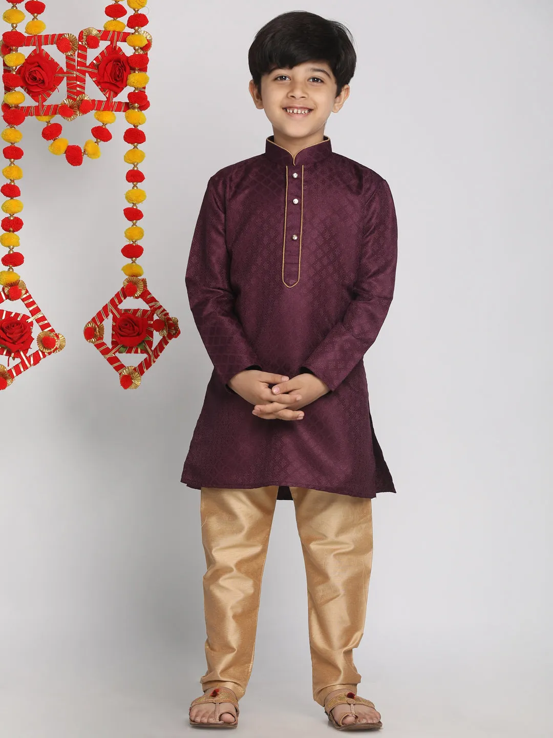 Purple and Rose Gold Jacquard Kurta Pyjama Set