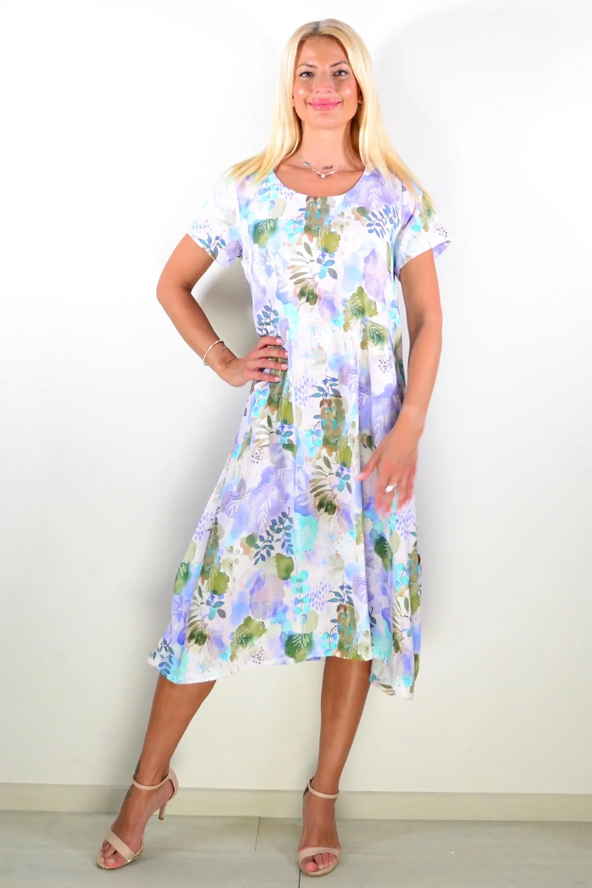 Purple Green Garden Print Tunic Dress