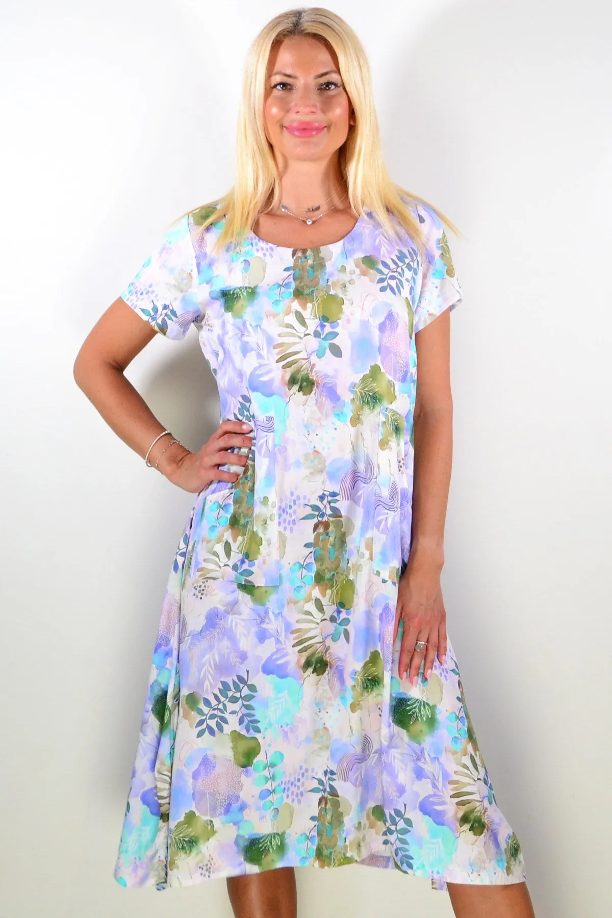 Purple Green Garden Print Tunic Dress