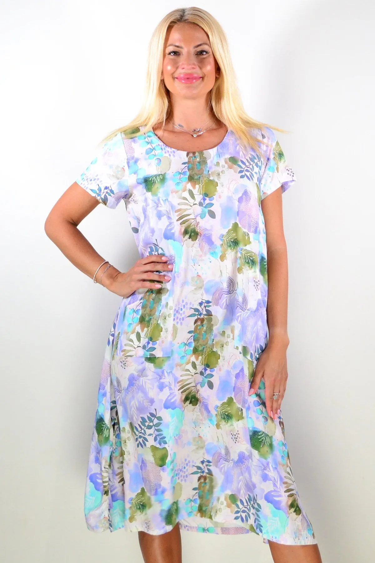 Purple Green Garden Print Tunic Dress