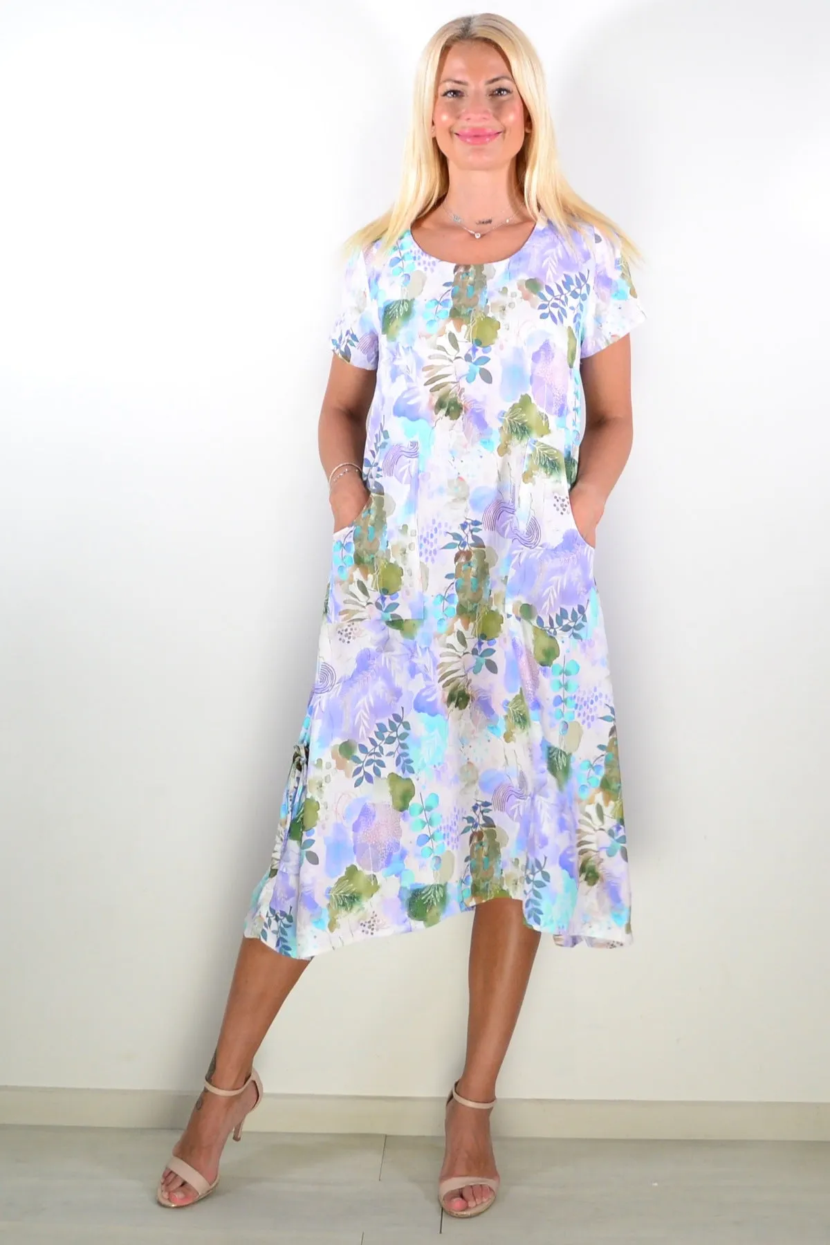 Purple Green Garden Print Tunic Dress